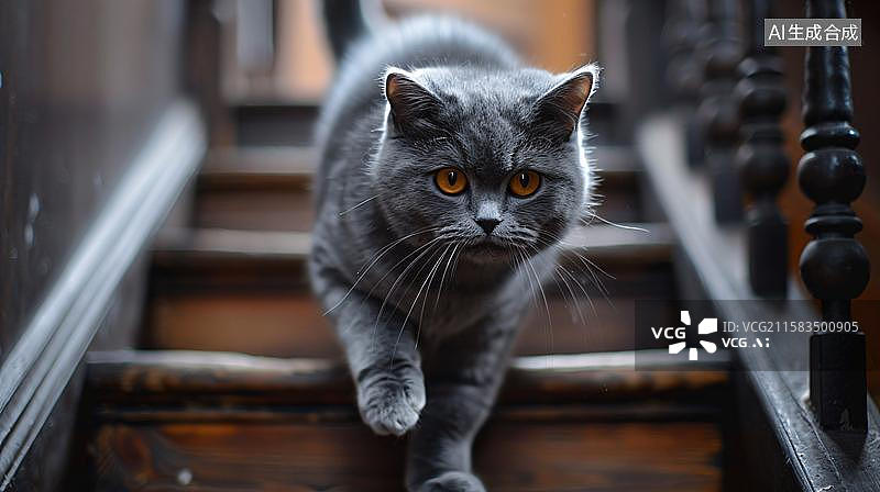 【AI数字艺术】萌宠蓝猫的优雅步伐   猫咪的楼梯探险记   一只灰色的蓝猫正在楼梯上走着图片素材