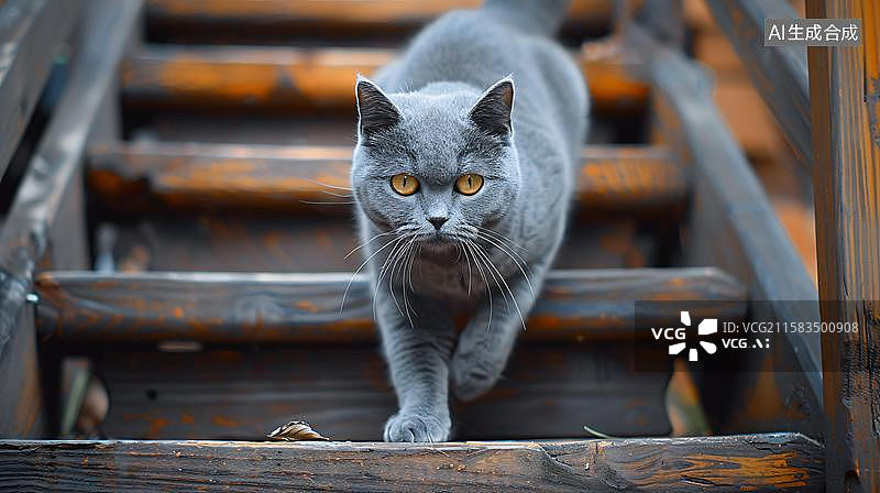 【AI数字艺术】萌宠蓝猫的优雅步伐   猫咪的楼梯探险记   一只灰色的蓝猫正在楼梯上走着图片素材