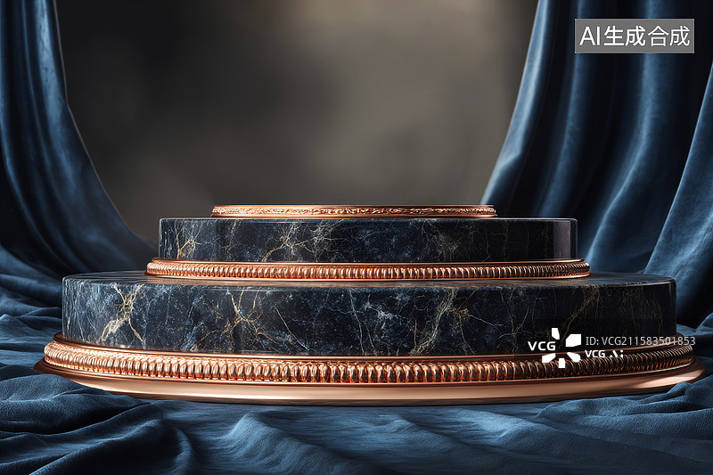 【AI数字艺术】蓝色布料上放置黑色大理石图片素材