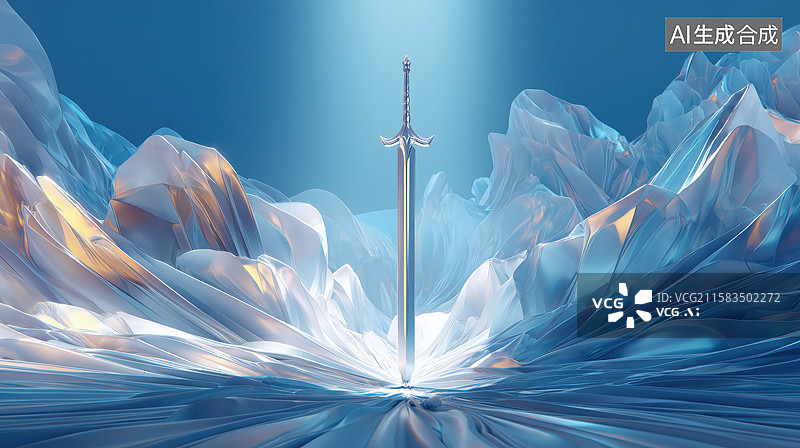 【AI数字艺术】玄幻游戏原画素材宝石中寒气逼人宝剑3D立体插画图片素材