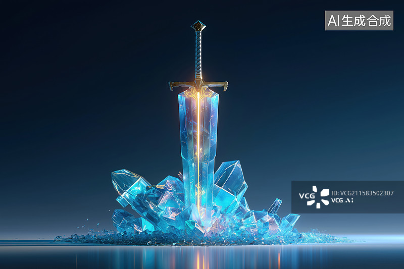 【AI数字艺术】玄幻游戏原画素材宝石中寒气逼人宝剑3D立体插画图片素材