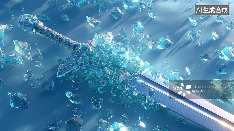【AI数字艺术】玄幻游戏原画素材宝石中寒气逼人宝剑3D立体插画图片素材