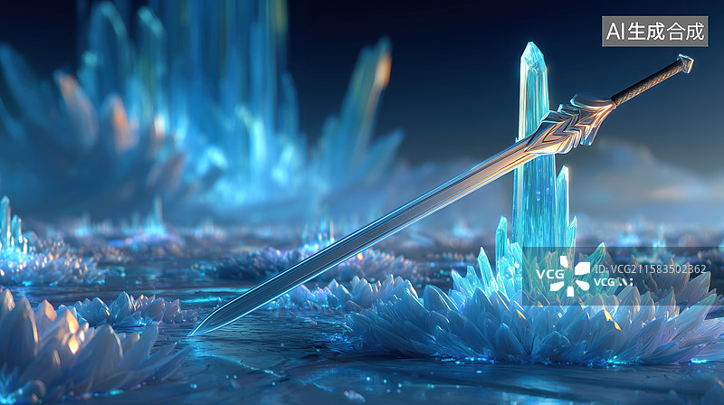 【AI数字艺术】玄幻游戏原画素材宝石中寒气逼人宝剑3D立体插画图片素材