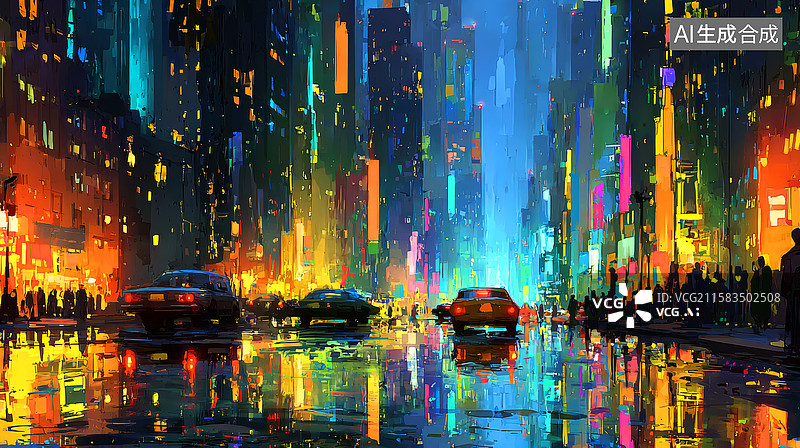 【AI数字艺术】雨夜城市街道中的车辆和行人图片素材