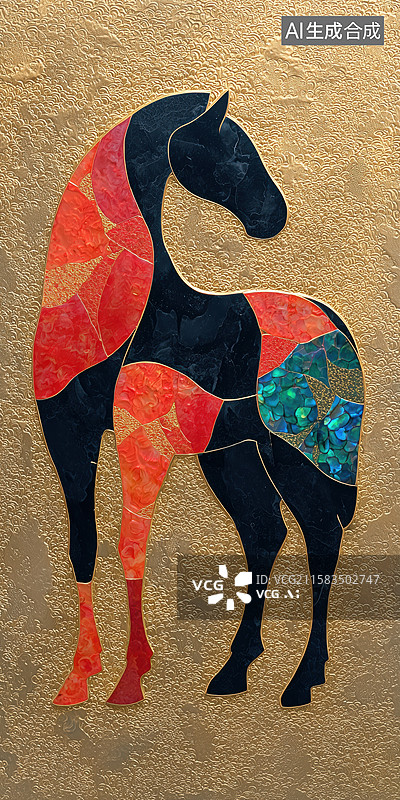 【AI数字艺术】创意国风中式彩色花纹的骏马扁平马年春节漆画图片素材