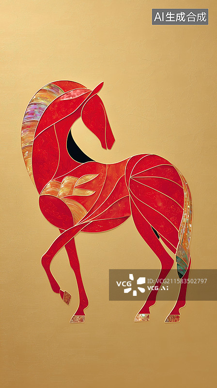 【AI数字艺术】创意国风中式彩色花纹的骏马扁平马年春节漆画图片素材