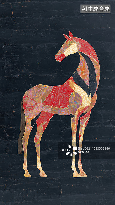 【AI数字艺术】创意国风中式彩色花纹的骏马扁平马年春节漆画图片素材