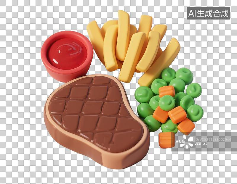 【AI数字艺术】3D三维烤牛排薯条番茄酱青豆胡萝卜西餐插画图片素材