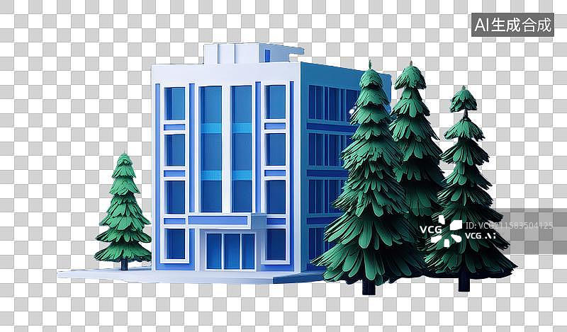 【AI数字艺术】3D三维白色卡通医院与城市模型医院元素图片素材