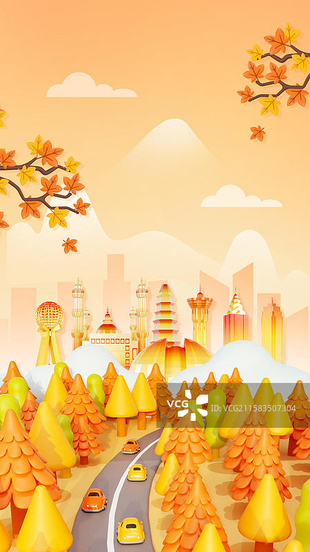 3D立体秋天金色的森林场景秋分节气插画新疆城市插画图片素材