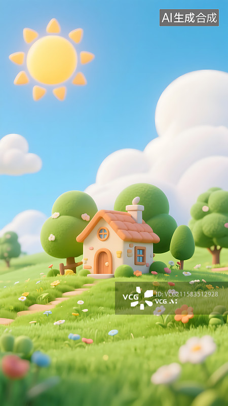 【AI数字艺术】3D渲染Q版卡通风格草原上的小房子图片素材