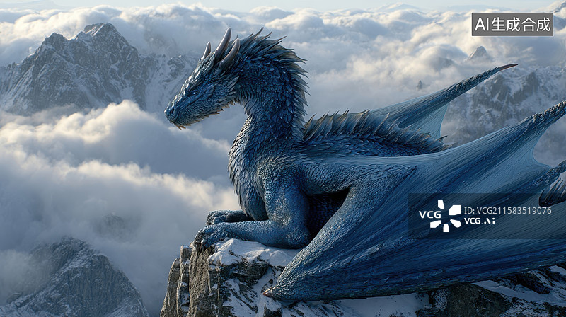 【AI数字艺术】云端巨龙俯瞰雪山图片素材