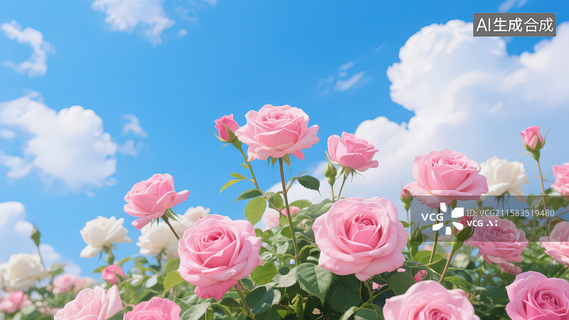 【AI数字艺术】蓝天白云下一片盛开的浪漫的粉色玫瑰图片素材