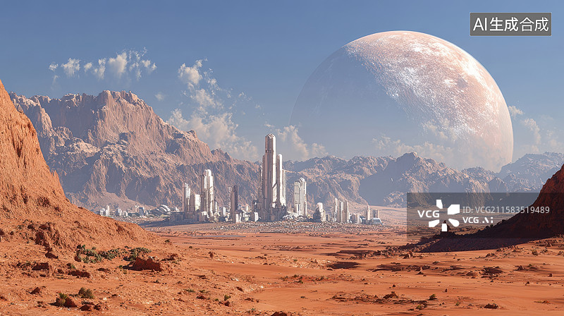 【AI数字艺术】沙漠中的未来城市与巨大星球图片素材