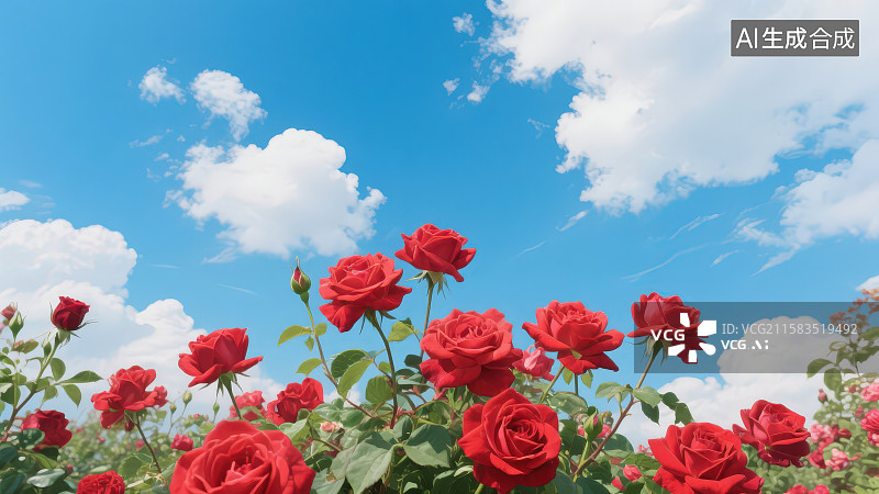 【AI数字艺术】蓝天白云下一片盛开的浪漫的红色玫瑰图片素材