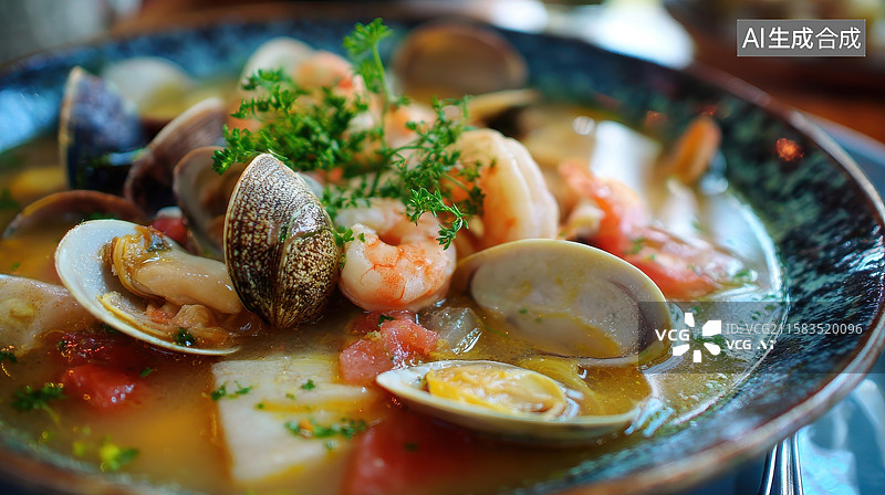 【AI数字艺术】海鲜汤盛装在蓝色碗中图片素材