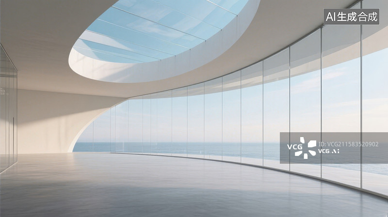 【AI数字艺术】现代极简建筑风格的空间场景圆弧形结构玻璃幕墙构成的开放室内人造空间图片素材
