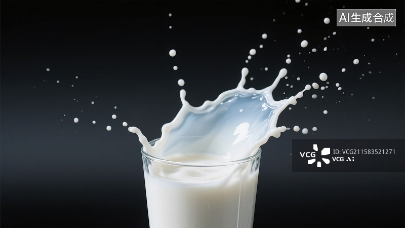【AI数字艺术】黑色背景下一杯正在从玻璃杯中溅出形成了美丽的水花和水滴的牛奶图片素材