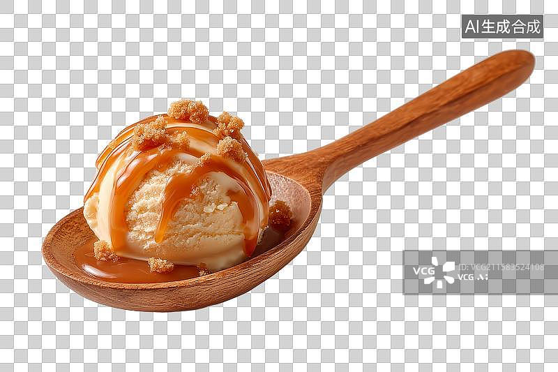 【AI数字艺术】[免抠PNG素材]木勺上的焦糖圣代冰淇淋球图片素材