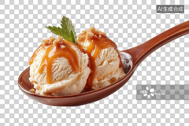 【AI数字艺术】[免抠PNG素材]木勺上的香草冰淇淋球配焦糖酱图片素材