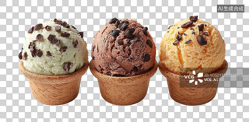 【AI数字艺术】[免抠PNG素材]三个不同口味的华夫杯冰淇淋图片素材
