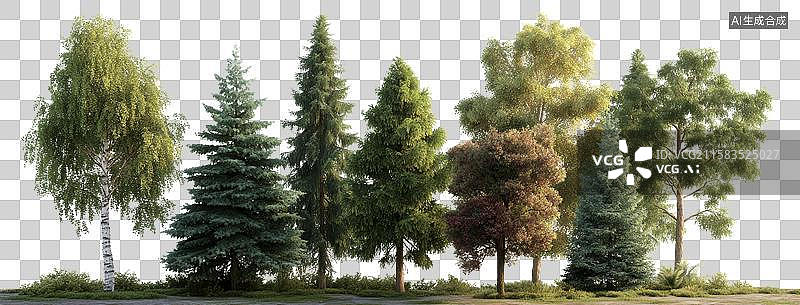 【AI数字艺术】[免抠PNG素材]一排色彩形状各异的多样树木图片素材