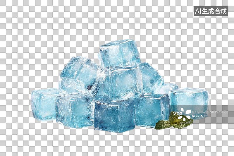 【AI数字艺术】[免抠PNG素材]透明蓝色冰块与新鲜薄荷叶特写图片素材