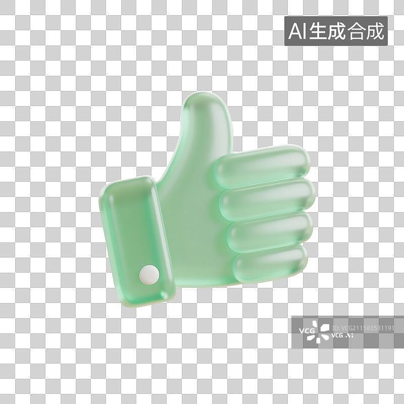 【AI数字艺术】3D渲染，绿色透明磨砂玻璃质感，点赞手势，竖起大拇指，赞扬，表扬手势，手，图形图标，免抠元素图片素材