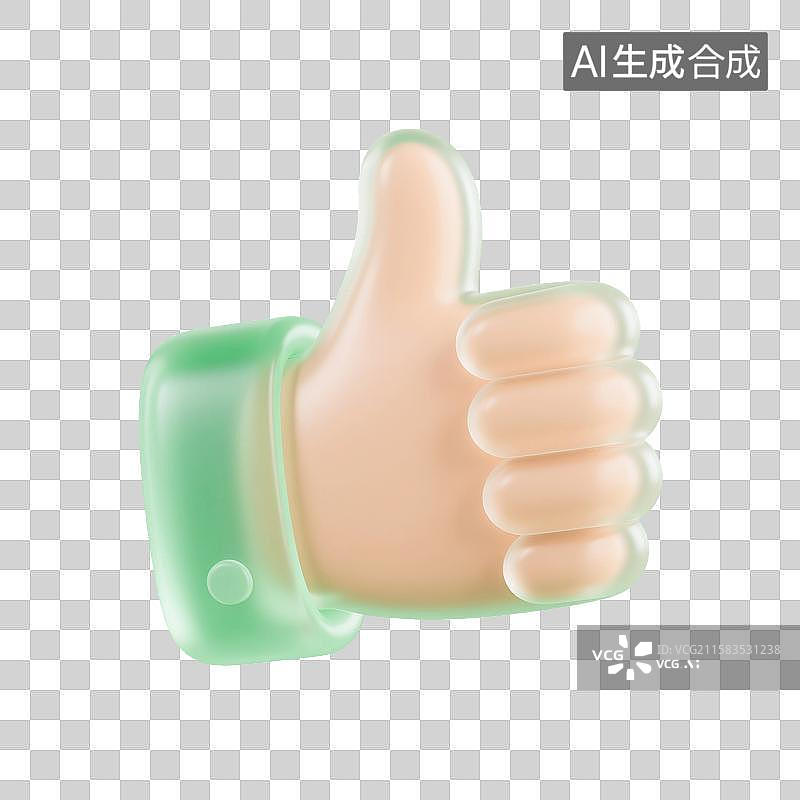 【AI数字艺术】3D渲染，绿色透明磨砂玻璃质感，点赞手势，竖起大拇指，赞扬，表扬手势，手，图形图标，免抠元素图片素材