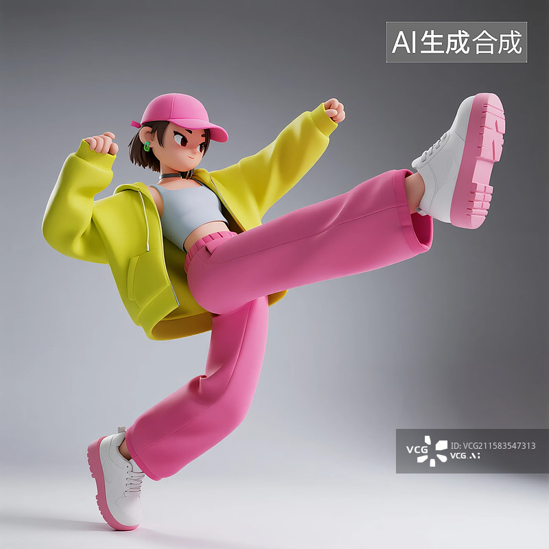 【AI数字艺术】飞踢姿势3D多巴胺穿搭女子图片素材
