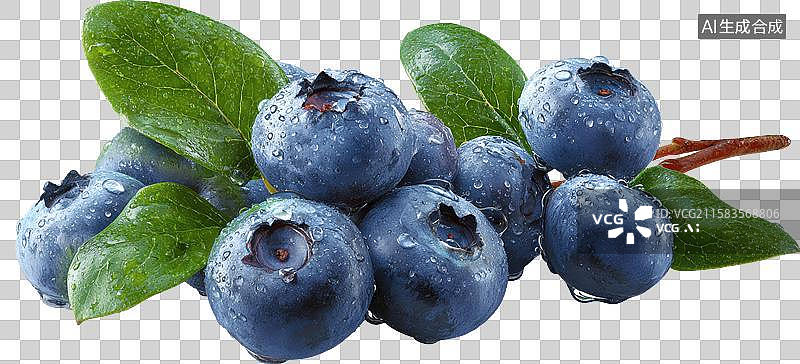 【AI数字艺术】新鲜蓝莓带绿叶特写图片素材