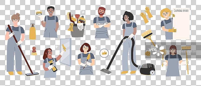 一组多元化的工作人员与清洁用品图片素材