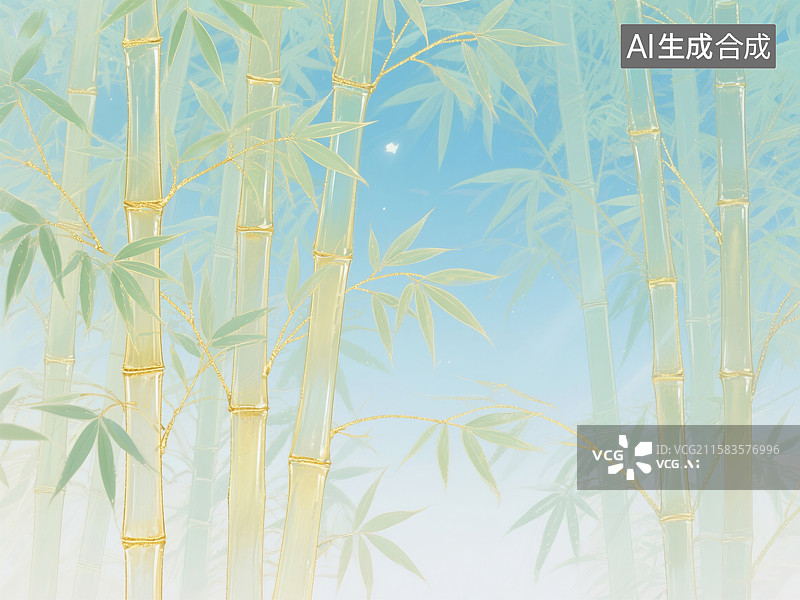 【AI数字艺术】金缕翠影：雾笼修竹的鎏光雅韵图片素材