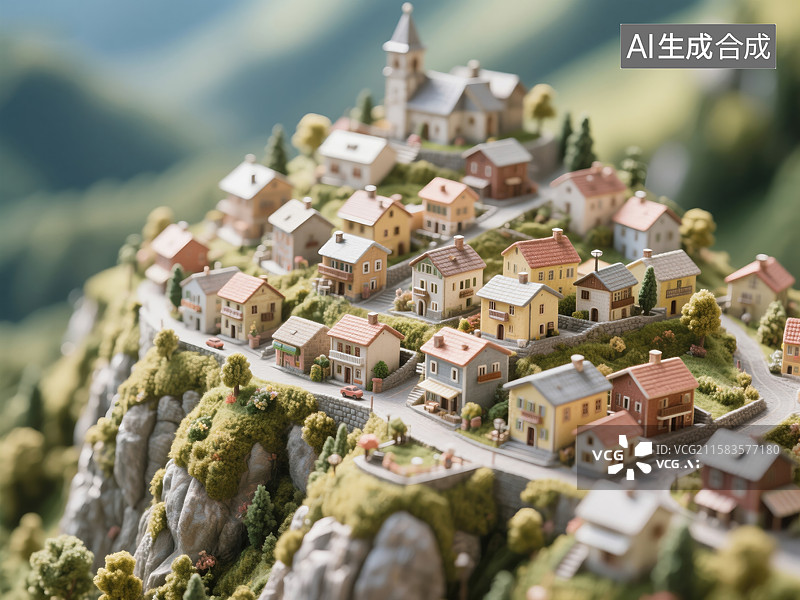 【AI数字艺术】山巅微境：童话村落的立体诗篇图片素材