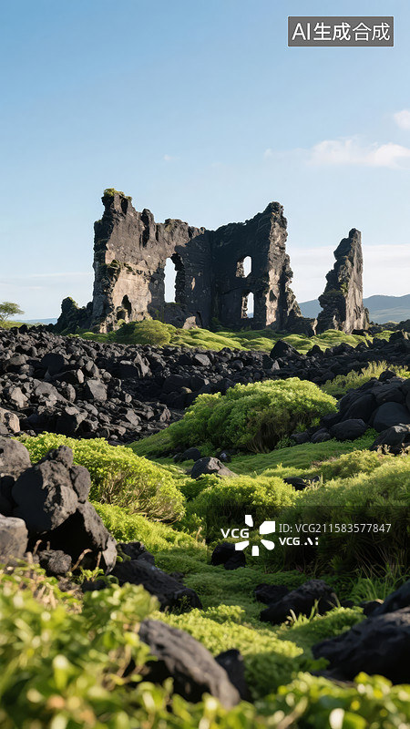 【AI数字艺术】火山岩地貌与古老石墙遗址图片素材