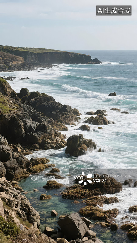 【AI数字艺术】岩石海岸与波涛汹涌的海洋图片素材