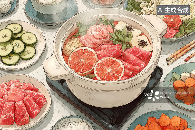 【AI数字艺术】日式火锅食材清新摆盘特写图图片素材