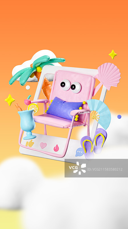 3D可爱粘土风格大眼睛夏季元素插画图片素材