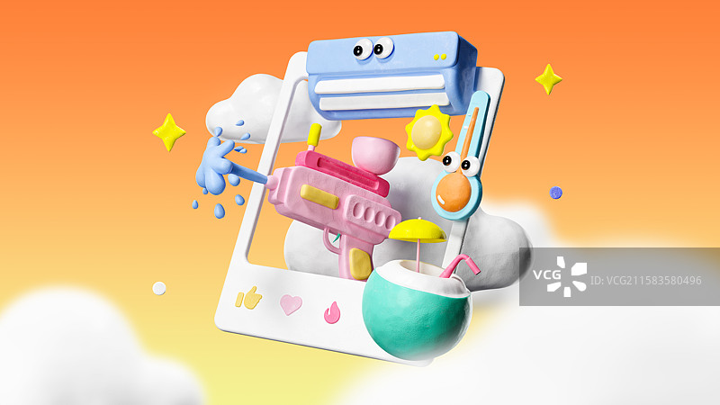 3D可爱粘土风格大眼睛夏季元素插画图片素材