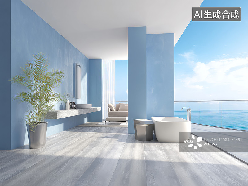 【AI数字艺术】现代海滨浴室风光图片素材