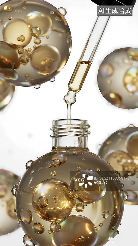 【AI数字艺术】护肤品精华液提取成分水珠气泡水泡图片素材