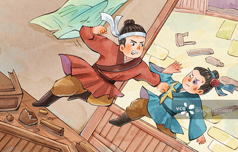 手绘水彩水浒传之武松斗杀西门庆插画图片素材