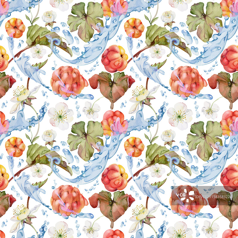 云莓、覆盆子、白色花朵在水中漂浮图片素材