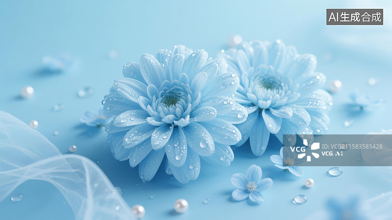 【AI数字艺术】蓝菊清新感花艺装饰场景图片素材