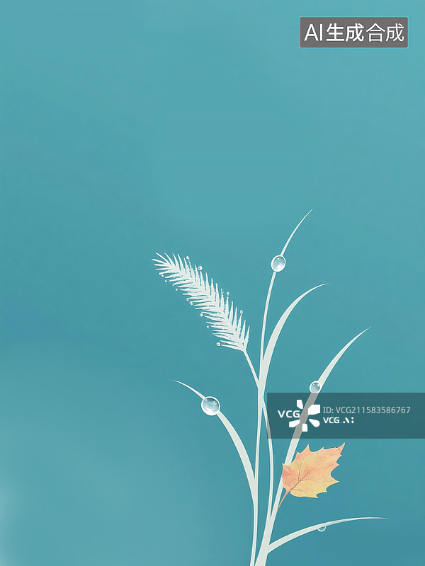 【AI数字艺术】晶莹剔透的草叶晨露，蓝色背景上沾满露水的狗尾巴草，二十四节气植物插画 竖版图片素材