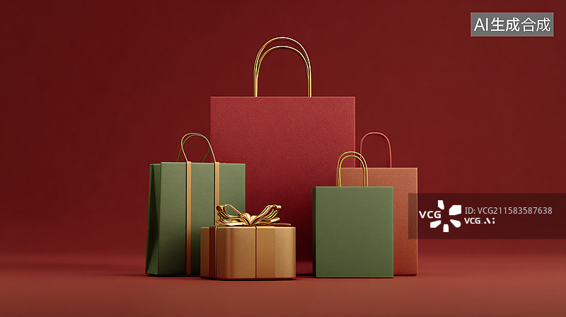 【AI数字艺术】红底圣诞风多彩购物袋组合图片素材