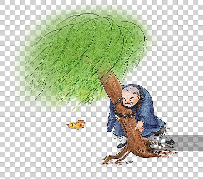 手绘水彩水浒传之鲁智深倒拔杨垂柳免抠元素图片素材