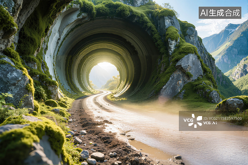 【AI数字艺术】山间公路穿行时空隧道之中图片素材