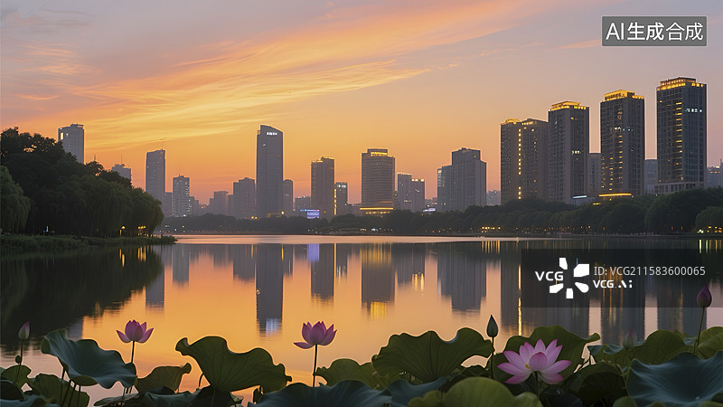 【AI数字艺术】日落时分城市湖畔的美丽景致图片素材