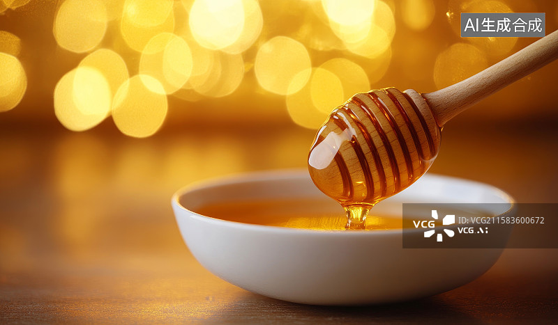 【AI数字艺术】蜂蜜从蜂巢棒滴入碗中画面图片素材